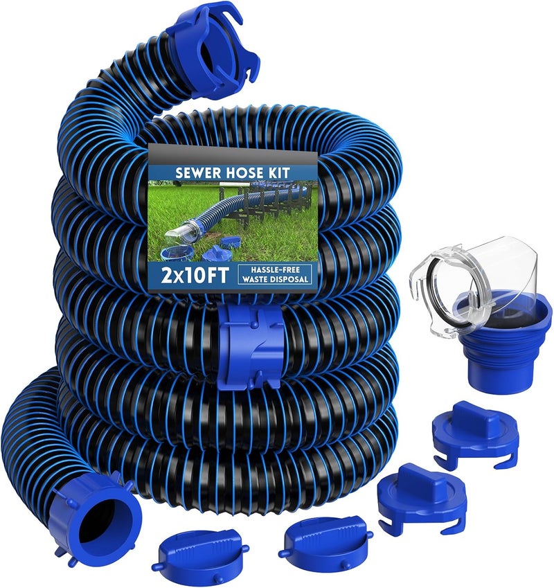 DUMPMAN 20 FT RV Sewer Hose Kit, Sewer Hose for RV Camper - Includes 2 Attachable 10 ft Sewer Hose with Swivel Fitting, 90 Degree Clear View Sewer Adapter, and 4 Storage Caps - Image 1